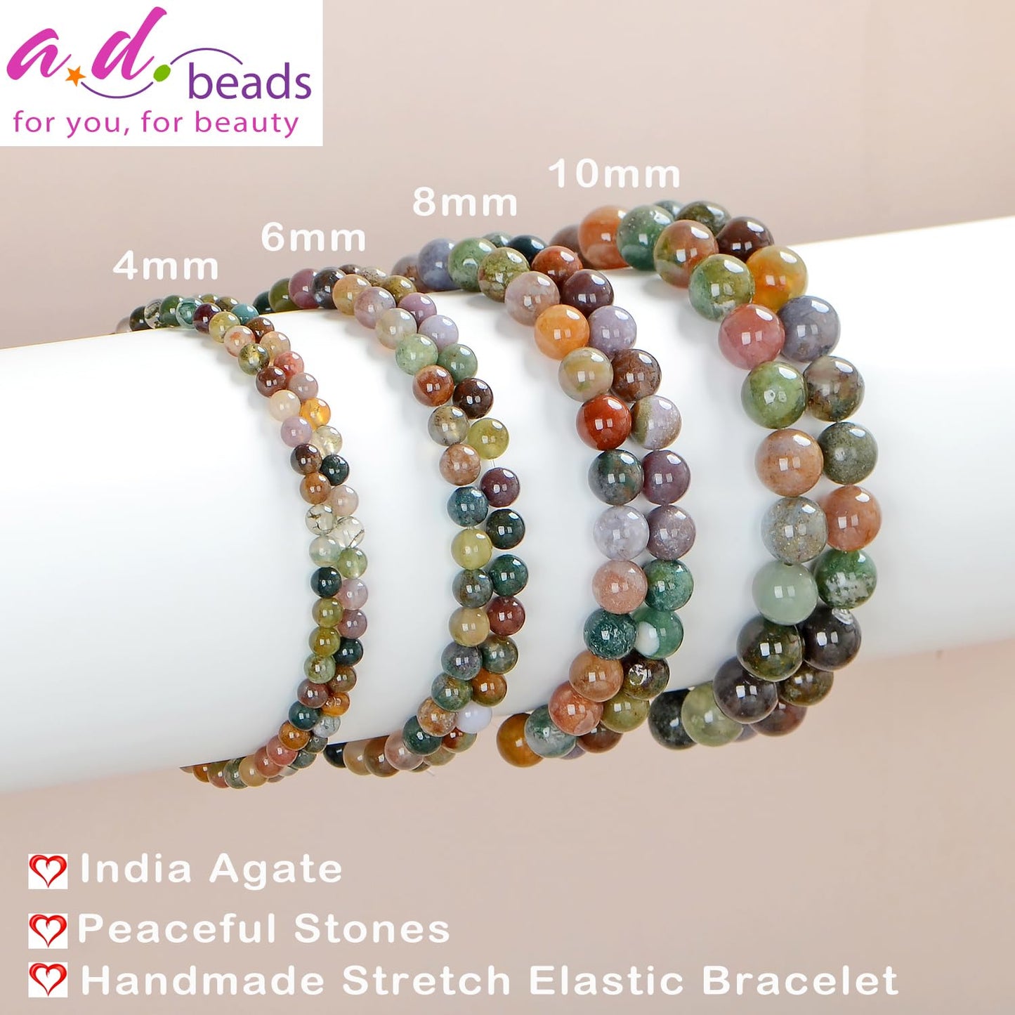 AD Beads Handmade Gemstone Stretch Elastic Bracelet Crystal Healing Reiki Nature's Beauty and Spiritual Essence Unisex (12mm, Indian Agate)