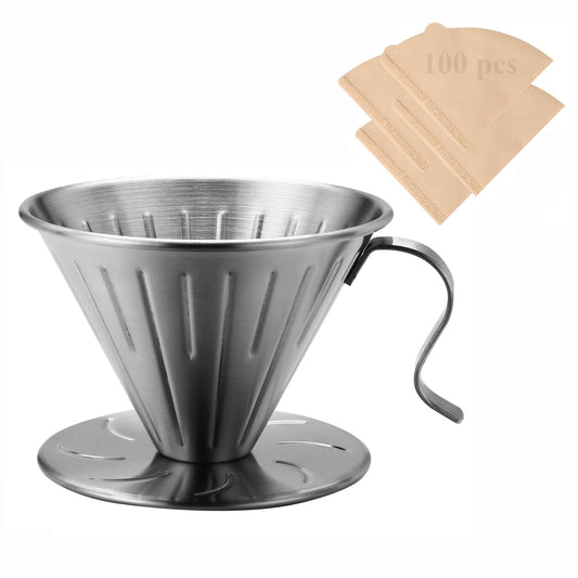 Lalord Pour Over Coffee Maker, 304 Stainless Steel wIth 100 pcs Size 02 Paper Filters (Coffee Dripper)