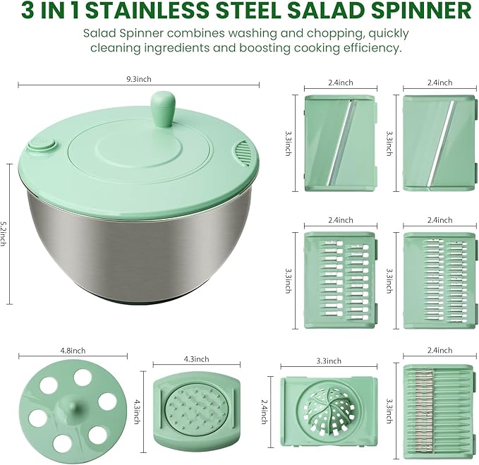 4.25 Qt Stainless Steel Salad Spinner Large, Salad Wash Bowl, Fruit & Vegetable Dryer, with 5-Blade Slicer, Egg Yolk Strainer and Shredder for Efficient Salad Preparation and Food Washing