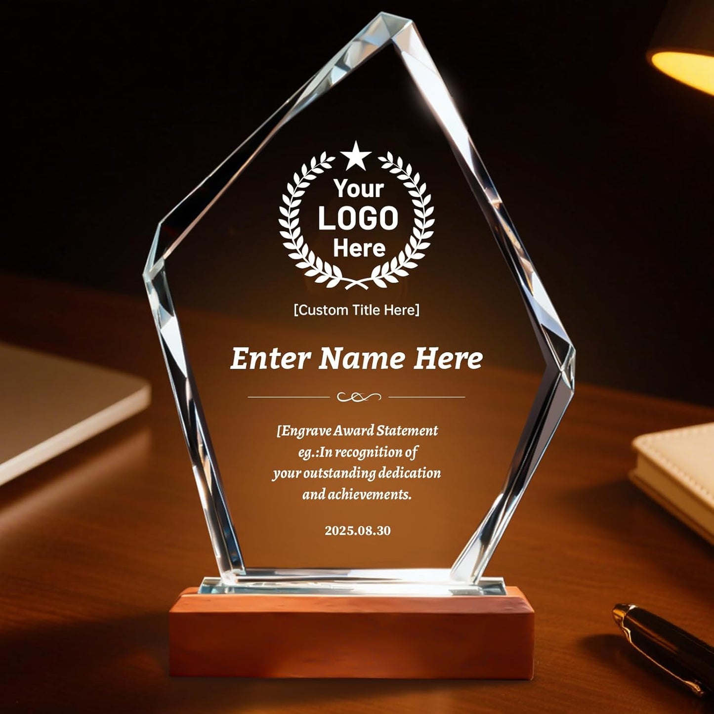 Custom Crystal Trophy Award with Wood Base, Custom Plaque Personalized Engraved with LOGO Text, Employee Appreciation Gift, Retirement Gift for Employee Coworker, Sports Recognition Trophies