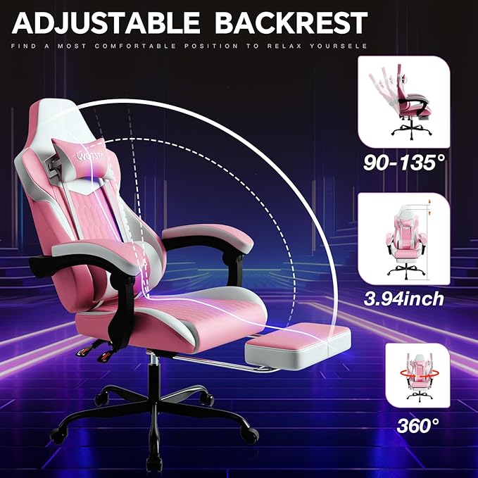 Gaming Chair with Footrest, High Back Gaming Chairs PVC Leather Ergonomic Gamer Chair with Adjustable Headrest Lumbar Support Racing Style Video Gaming Chair for Office/Home (Pink)