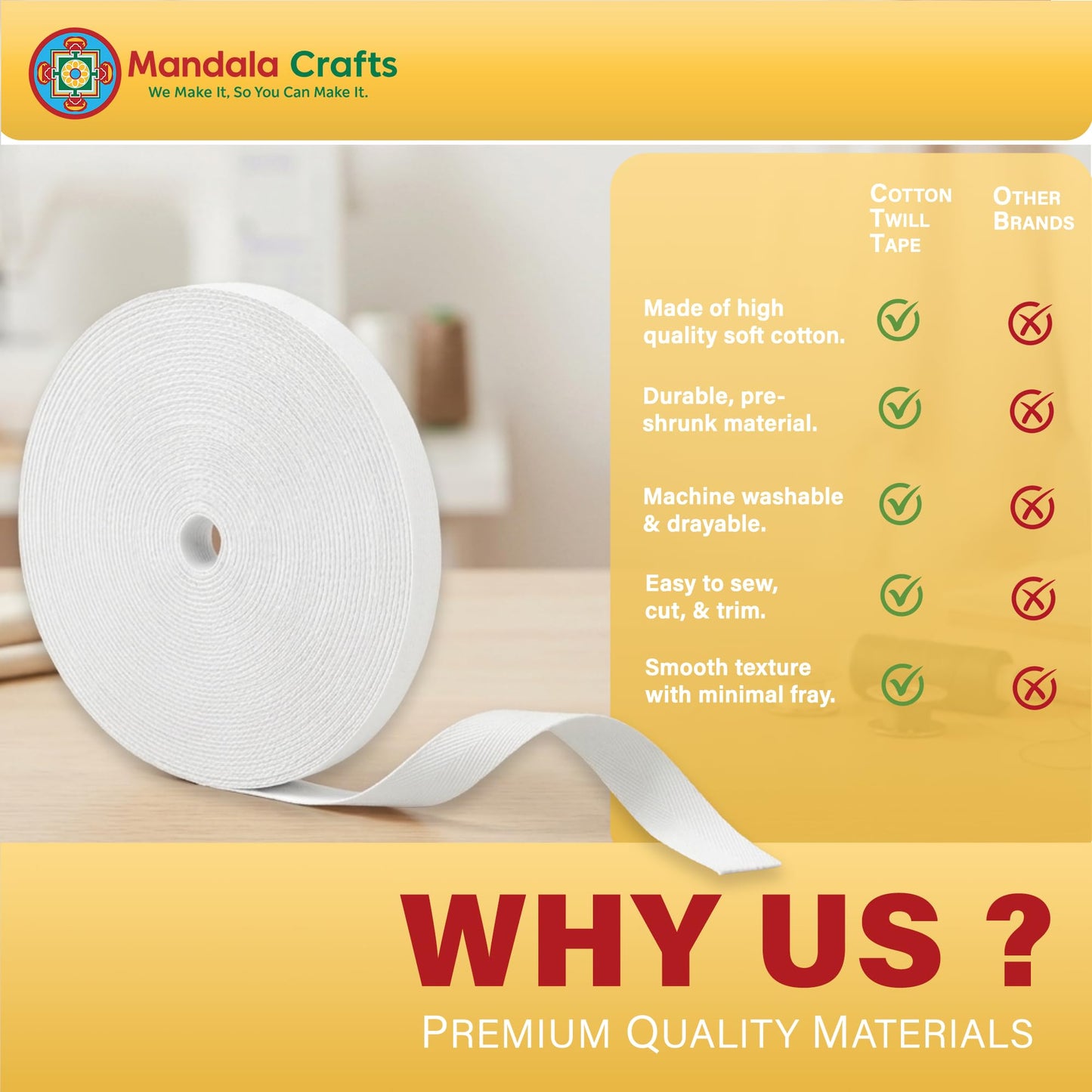Mandala Crafts Off White Cotton Twill Tape Ribbon - 2 Inches Wide 50 Yards Herringbone Bias Tape for Sewing, Seam Binding, Ribbon Trim, and Natural Cotton Webbing