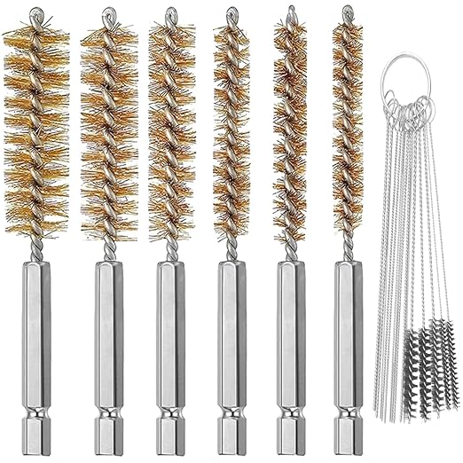 6 Pieces Brass Bore Brush in Different Sizes + 15 Pcs Cleaning Needles Nylon Brushes Tools, Twisted Wire Brush with Handle 1/4 Inch Hex Shank Attachment Drill Set for Tubes Ports Bearings
