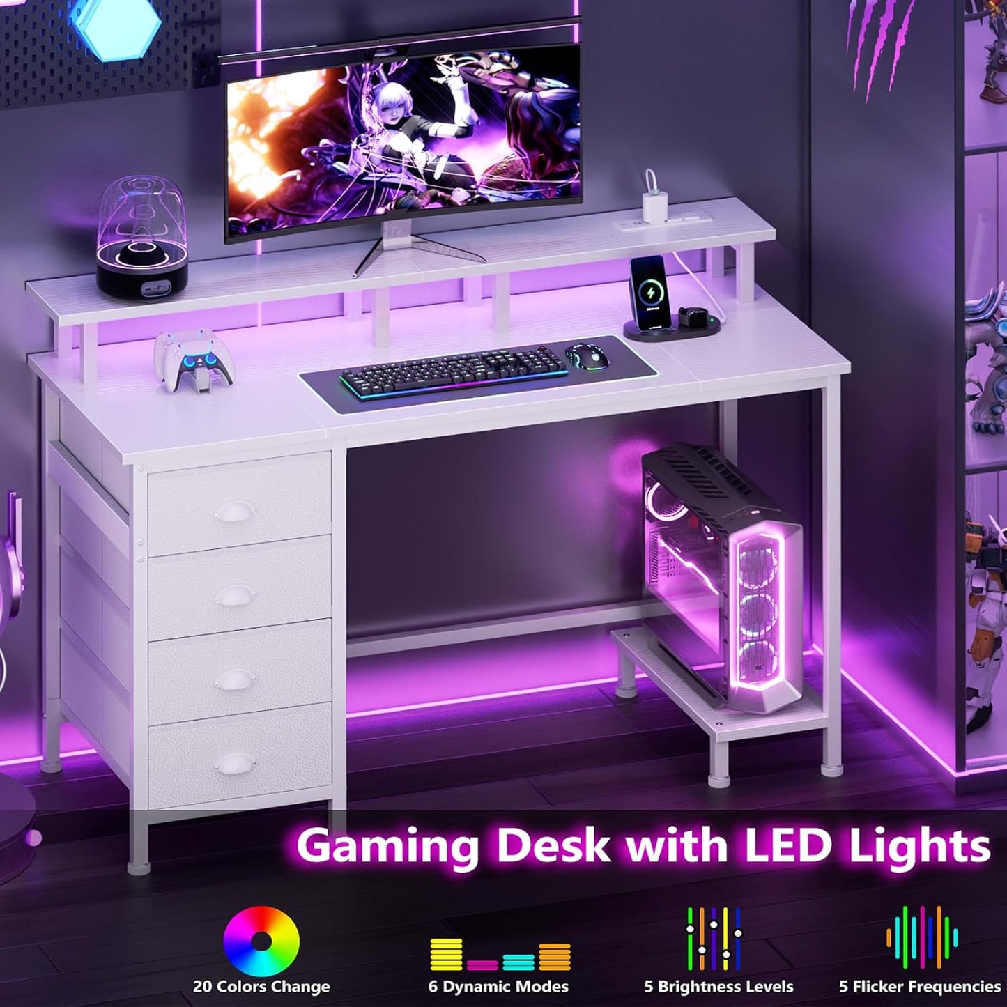 Furologee 47" White Computer Desk with 4 Fabric Drawers & Monitor Stand, Gaming Desk with Power Outlets - LED Lights, Home Office Space-Saving Study Table for Bedroom Small Spaces