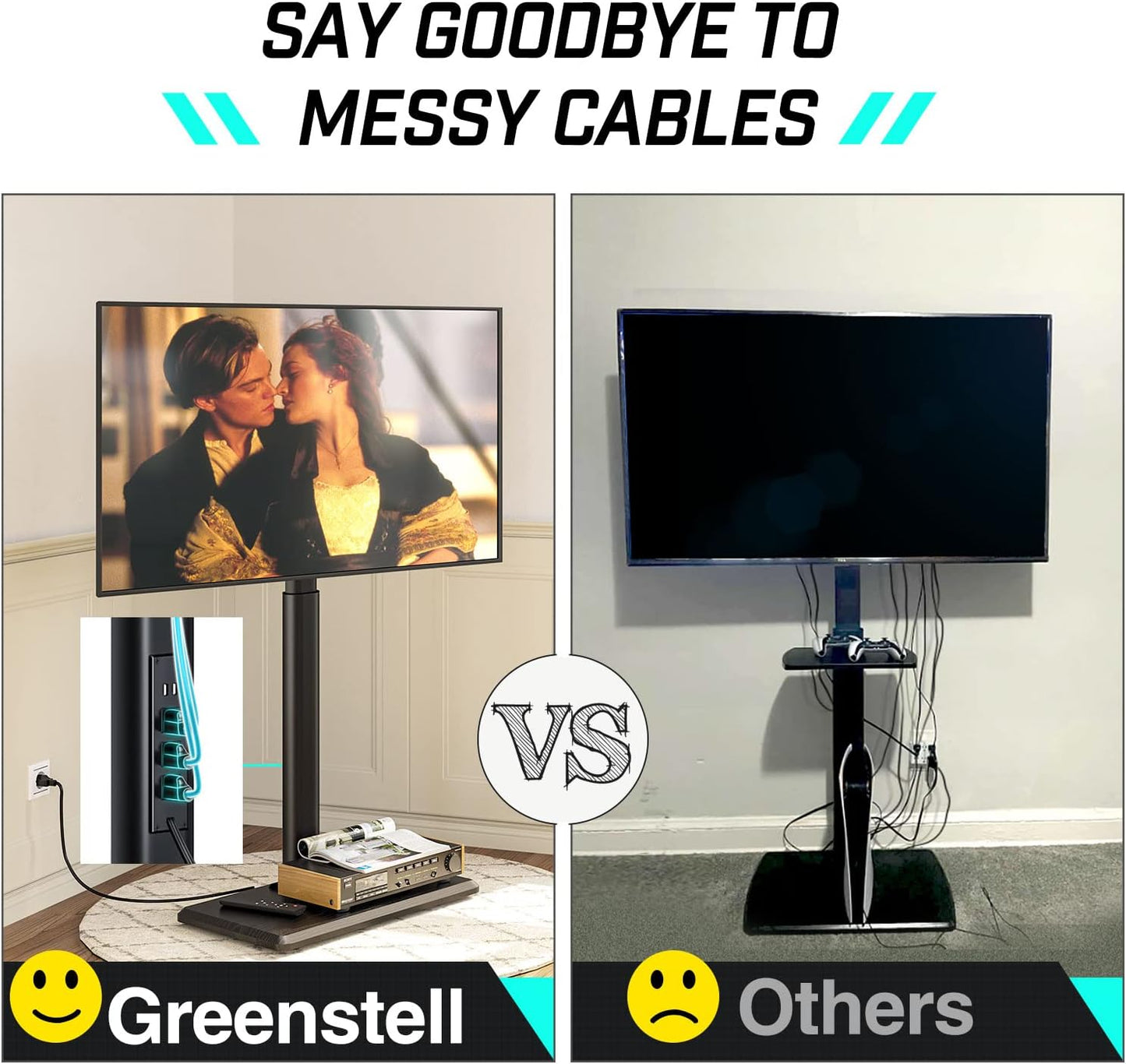 Greenstell TV Stand with Power Outlet, Universal Floor TV Stand for 32-75 inch TVs, Height Adjustable, Swivel Tall TV Mount Stand with Wood Base, Holds up to 110 LBs, Max VESA 600x400mm