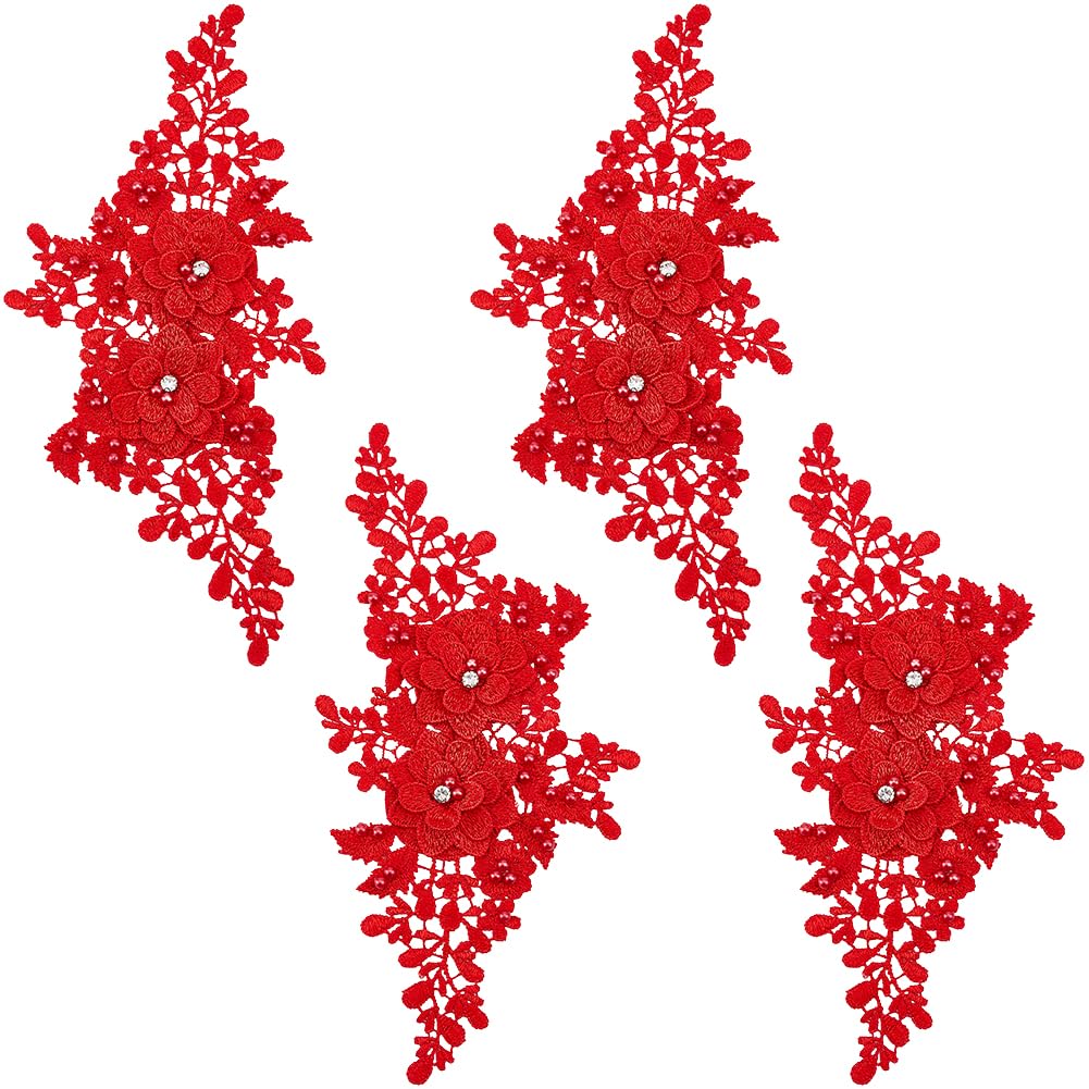 CABODYALS 4Pcs Red 3D Floral Lace Applique Pearl Beaded Embroidered Appliques Flower Rhinestone Embroidery Sew on Tulle Repair Patches Bulk for Sewing Making Clothes Dress Gown Wedding Costumes DIY