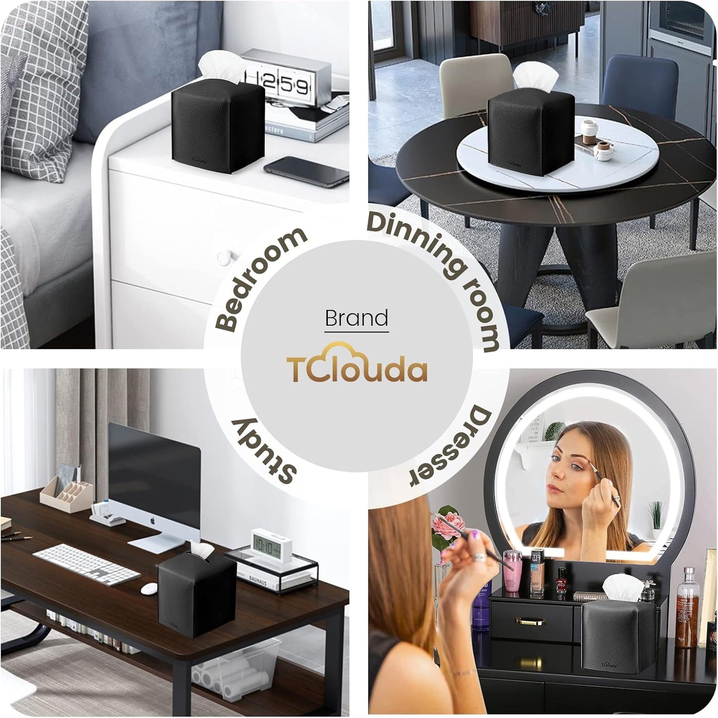 Tissue Box Cover, Tclouda, Modern PU Leather Square Tissue Box Holder for Creative Decorative, Ideal for Bathrooms/Office/Car/Nightstand/Outdoor Tent/Dining Table, 5"X5"X5", Single Black