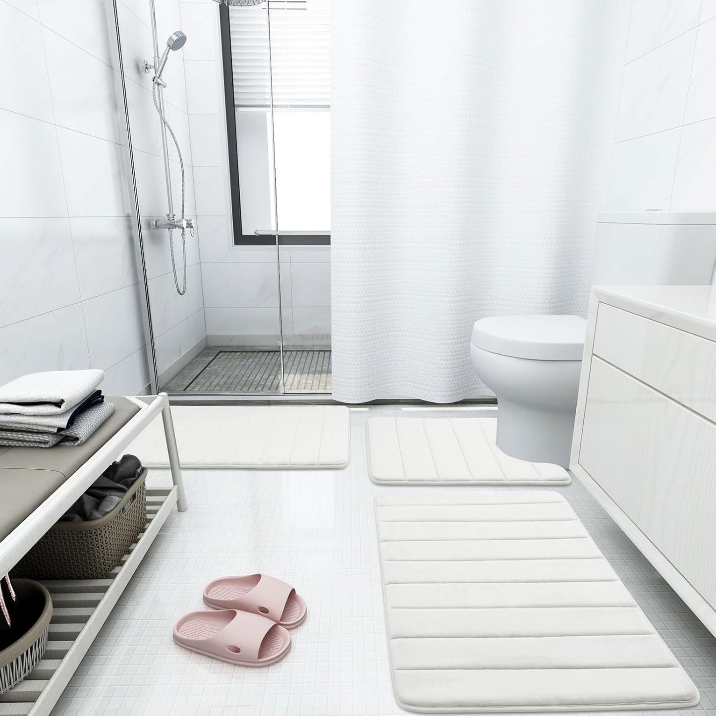Buganda Memory Foam Bath Mat, 47" x 20", Ultra Soft and Non-Slip Bathroom Rugs, Water Absorbent and Machine Washable Bath Rug Runner for Bathroom, Shower, and Tub, Ivory