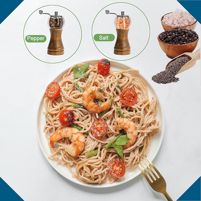 Pepper Mill Set，Manual Pepper Mills, Classical Hand Shake Wooden Pepper Grinder Set，Salt Mills，Wooden Pepper Mill，Ceramic Blades Metal Handle，Enjoy Fresh Ground Pepper (Walnut color 2pcs-6in)