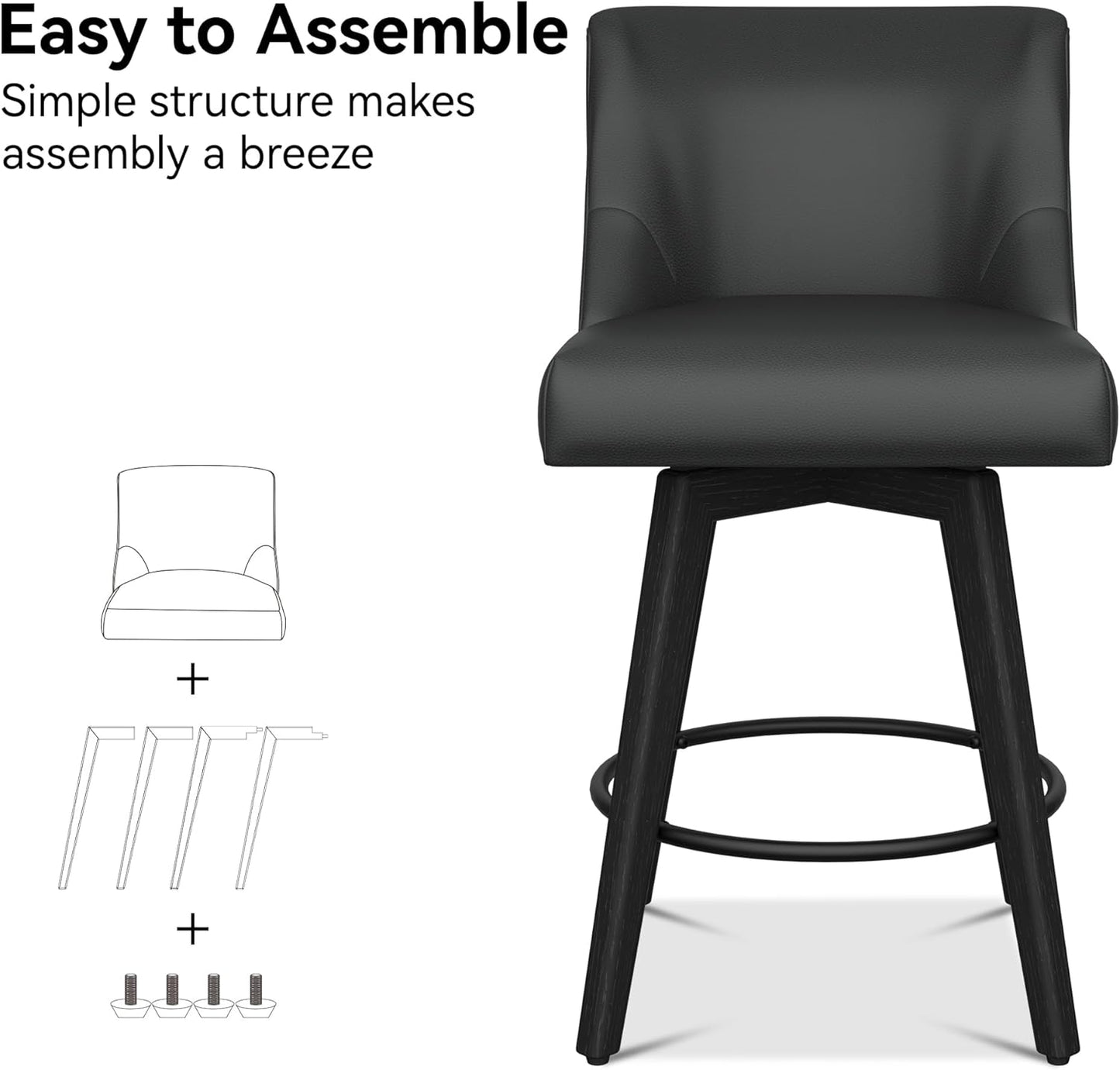 Counter Height Bar Stools Set of 6, Modern Swivel Barstools with Back and Wood Legs, Faux Leather Upholstered Bar Chairs, 26" H Kitchen Counter Stools, Kitchen Island Home Bar, Black Grey