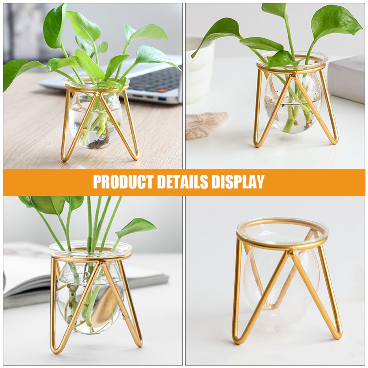 FELTECHELECTR Glass Vase with Metal Stand, Hydroponic Flower Holder Bulb Planter for Home Decor, Small Gold Desktop Plant Terrarium for Indoor Floral Display