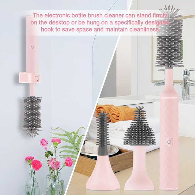 Electric Baby Bottle Cleaner Kit with Rechargeable Electric Bottle Brush Cleaner, 3 Piece Silicone Bottle Brush and Straw Brush, Multipurpose Automatic Bottle Cleaner, Pink