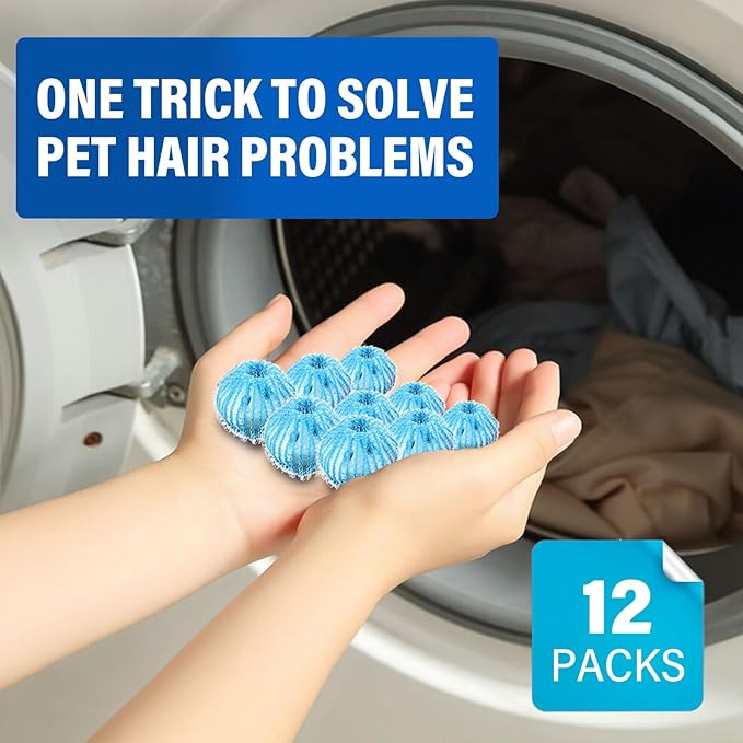 Pet Hair Remover for Laundry, 12 PCS Reusable Pet Hair Remover Balls, Washing Machine Hair Catcher for Dog and Cat Hair Removal, Gentle Lint Collector for Laundry Care, Blue