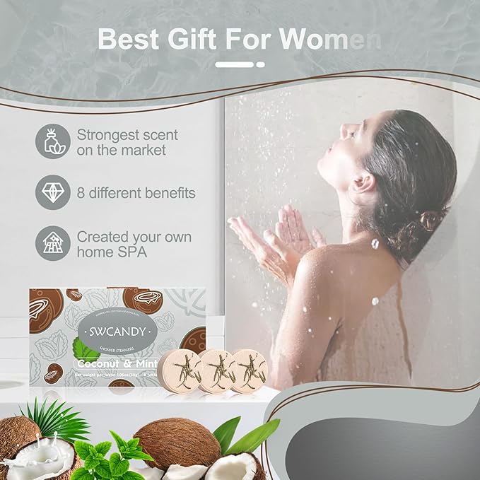 Shower Steamers Aromatherapy Birthday Gifts for Women Travel Essentials, 8 Pcs Coconut Mint, Bath Bombs Shower Bombs with Natural Essential Oils, Relaxation Home SPA