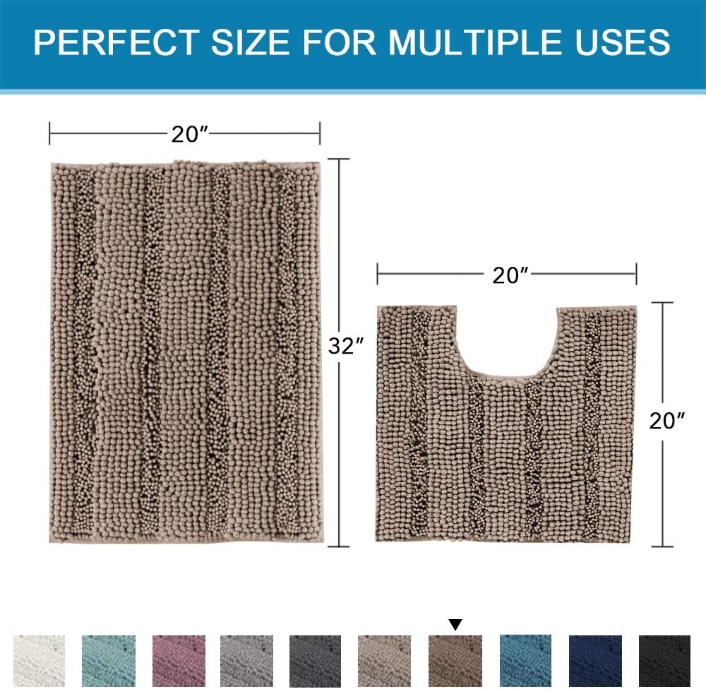 H.VERSAILTEX Bathroom Rugs Bath Rug Set 2 Piece Bathroom Contour Rug Toilet Mat Sets Non Slip Contour Bath Rug Ultra Thick Water Absorbent Striped Bath Mats(20" x 32" Plus 20" x 20" U, Taupe Brown)