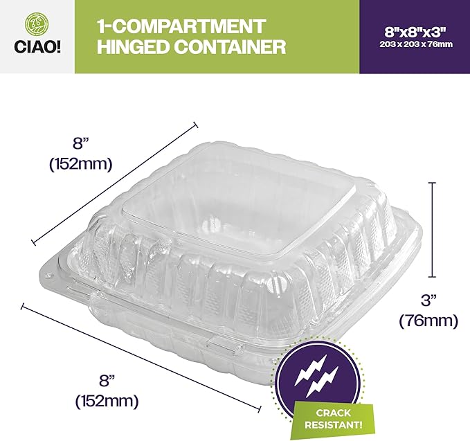 CIAO! 8"x8"x3" 1 Compartment PP Plastic Clear Hinged Container for Take Out (Case of 200)