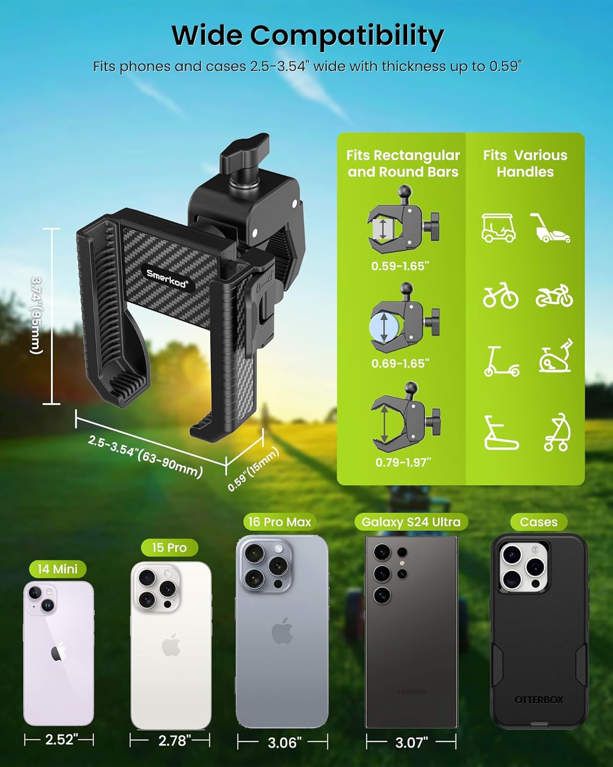 Golf Cart Phone Holder Mount - 3s Phone Clip Install, 1s Lock & Release，Phone Caddy for iPhone Galaxy & More Fits Yamaha Club Car EZGO Icon, Golf Cart Accessories Essentials Gift for Men Women