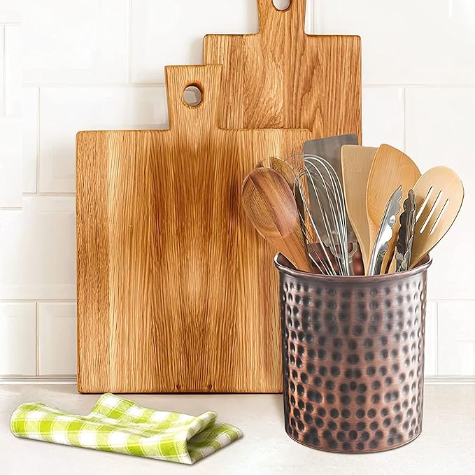 Monarch Abode Kitchen Utensil Holder – Hand Hammered Metal Antique Copper Utensil Holder, Decorative Utensil Crock for Kitchen Counter, Cooking Tool and Spatula Holder for Countertop, Caddy Organizer