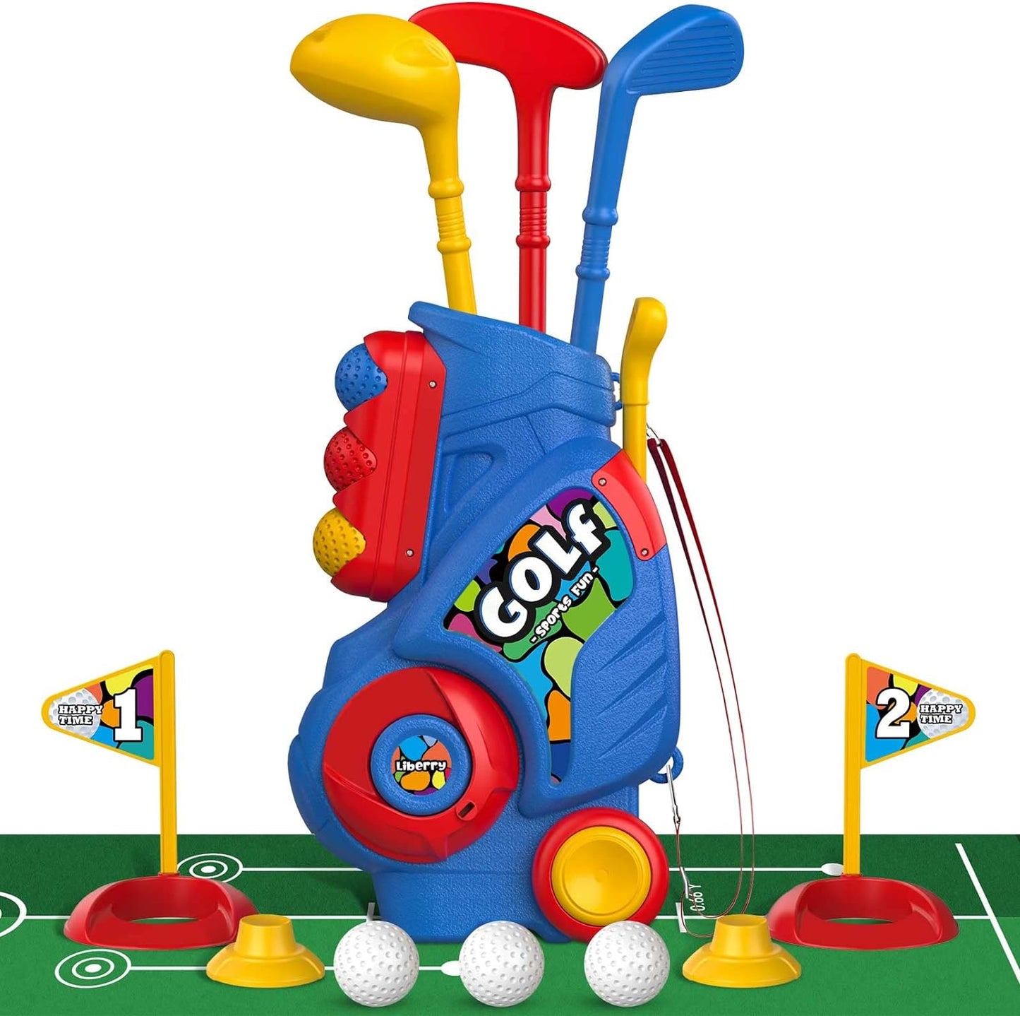 Liberry Toddler Golf Set with Putting Mat for 2 3 4 5 Years Old Boys Girls, Upgraded Kids Golf Cart with Unique Shoulder Strap Design, Indoor and Outdoor Golf Toys Christmas Gift