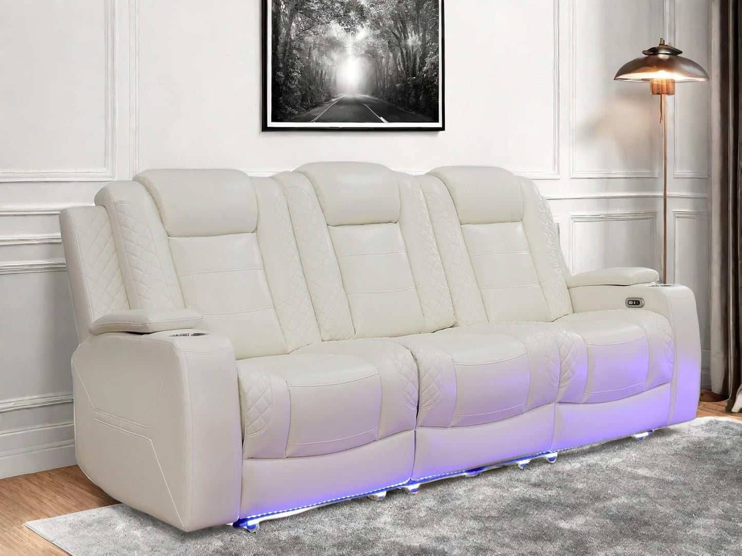 Leather Recliner Sofa Couch, 3-Seater Home Theater Seating Reclining Sofa, Power Reclining Couch with Cup Holders & Drop Down Table for Living Room Furniture Sets, White