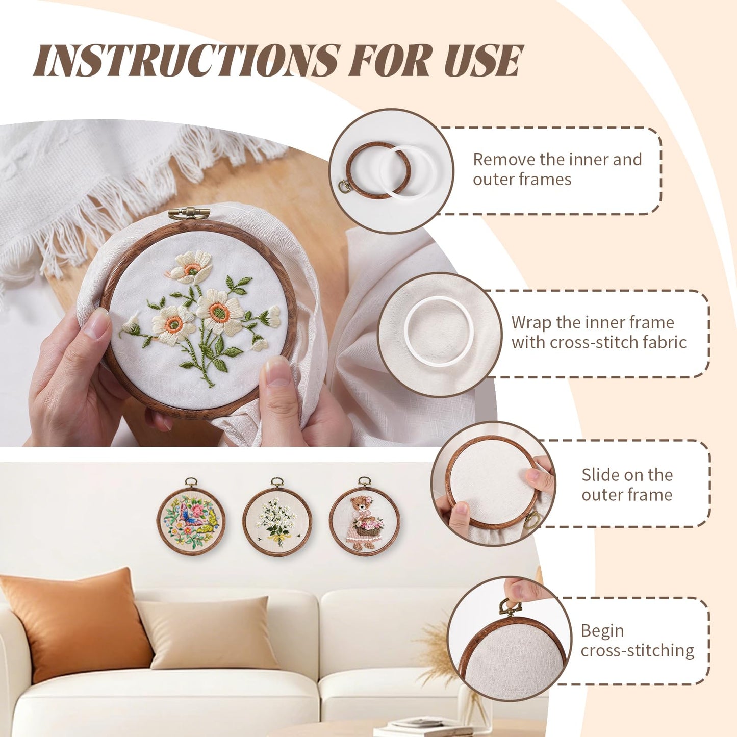 4 Inch Small Embroidery Hoops, 12 Pcs Embroidery Hoop Round Imitated Wood Rubber Hoop Rings Display Frame for Cross Stitch, DIY Art Craft Sewing & Hanging Ornaments (4 in)