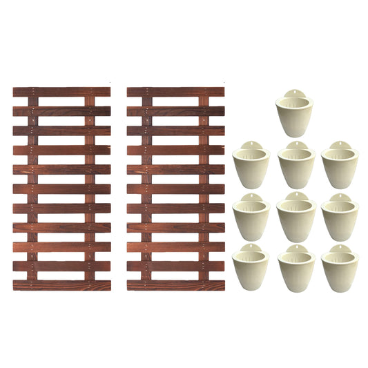ShopLaLa Bundle- 2 Pack, 23.6 Inch Wooden Plant Holder + 10 Pack, 4 Inch White Self Watering Plastic Pot Modern Hydroponic Vertical Live Garden Display Wall Mount Plant Stand Home Living Room Decor