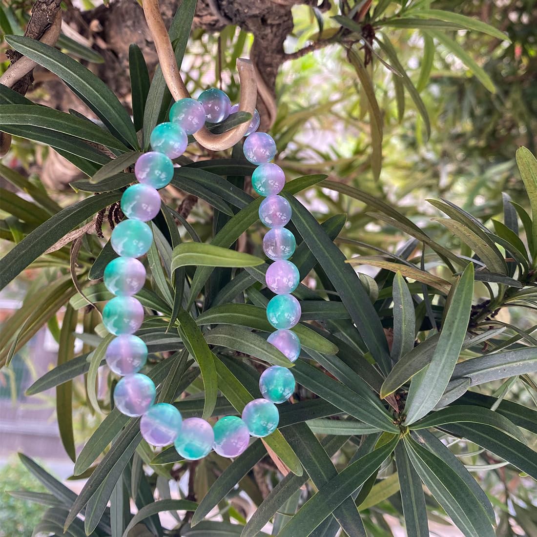 8mm Selenite Bracelet | Color-Coated Purple and Green Natural Crystal | Handmade Meditation Bracelet for Women Men | Iridescent Rainbow Effect | Beading Tool Kit - Adjust to 6.5-7.5 inch Wrist Size