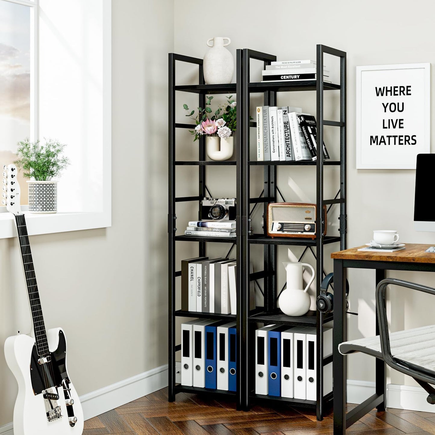 NUMENN 5 Tier Slim Bookshelf, Tall Bookcase Shelf Storage Organizer, Modern Book Shelf for Bedroom, Living Room and Home Office, Black