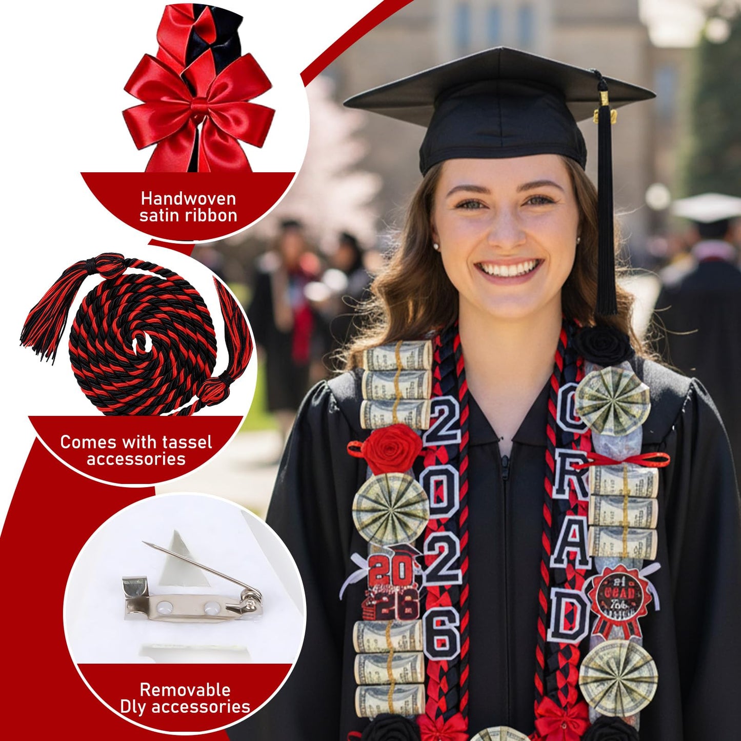 Hamdwerk 26Pcs 2026 Graduation Candy Leis Making Kit, Class of 2026 Graduation Ribbon Lei, Double Braided Necklace Decorations with Flower Patches Honor Cord for DIY Graduate Gifts Party Supplies
