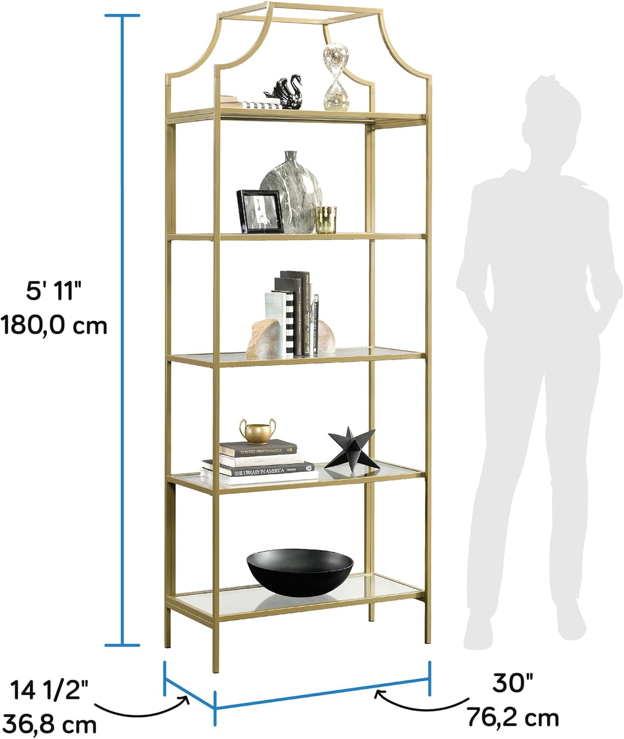 Sauder International Lux Bookcase/ book shelf, Satin Gold finish
