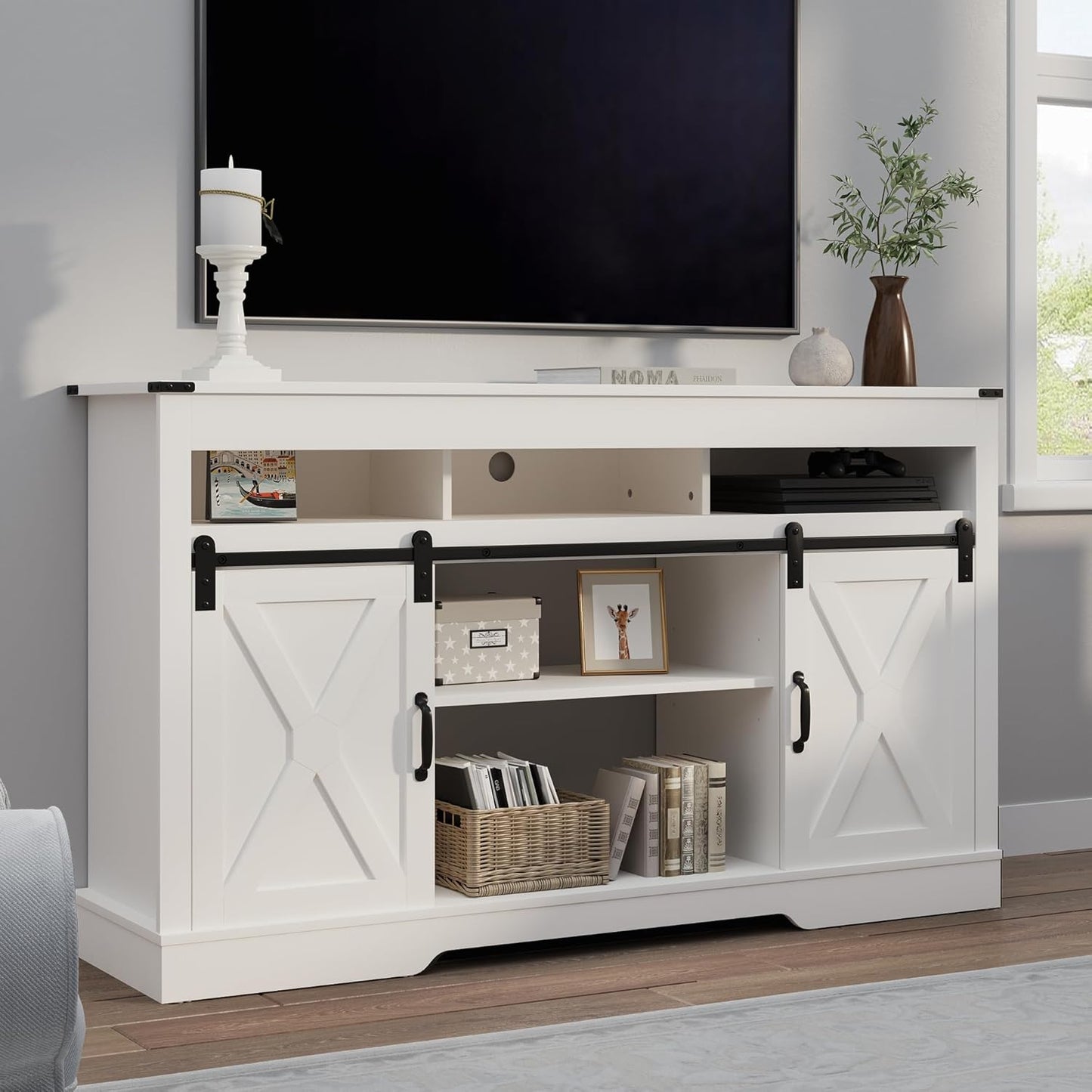 RoyalCraft Farmhouse TV Stand for 23" Fireplace, 34'' Tall Entertainment Center for 65+ Inch TV, 34" Tall Rustic TV Console with Sliding Bar Door for Living Room, White