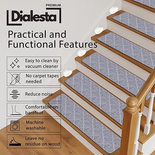 Stair Treads for Wooden Steps Indoor, Includes 15 Non-Slip Carpet Mat 8x30in with 5 Motion Sensor Lamps, Peel & Stick Carpet Stair Treads,Safety Stair Rugs for Kids, Elderly and Pets (Smoke Gray)