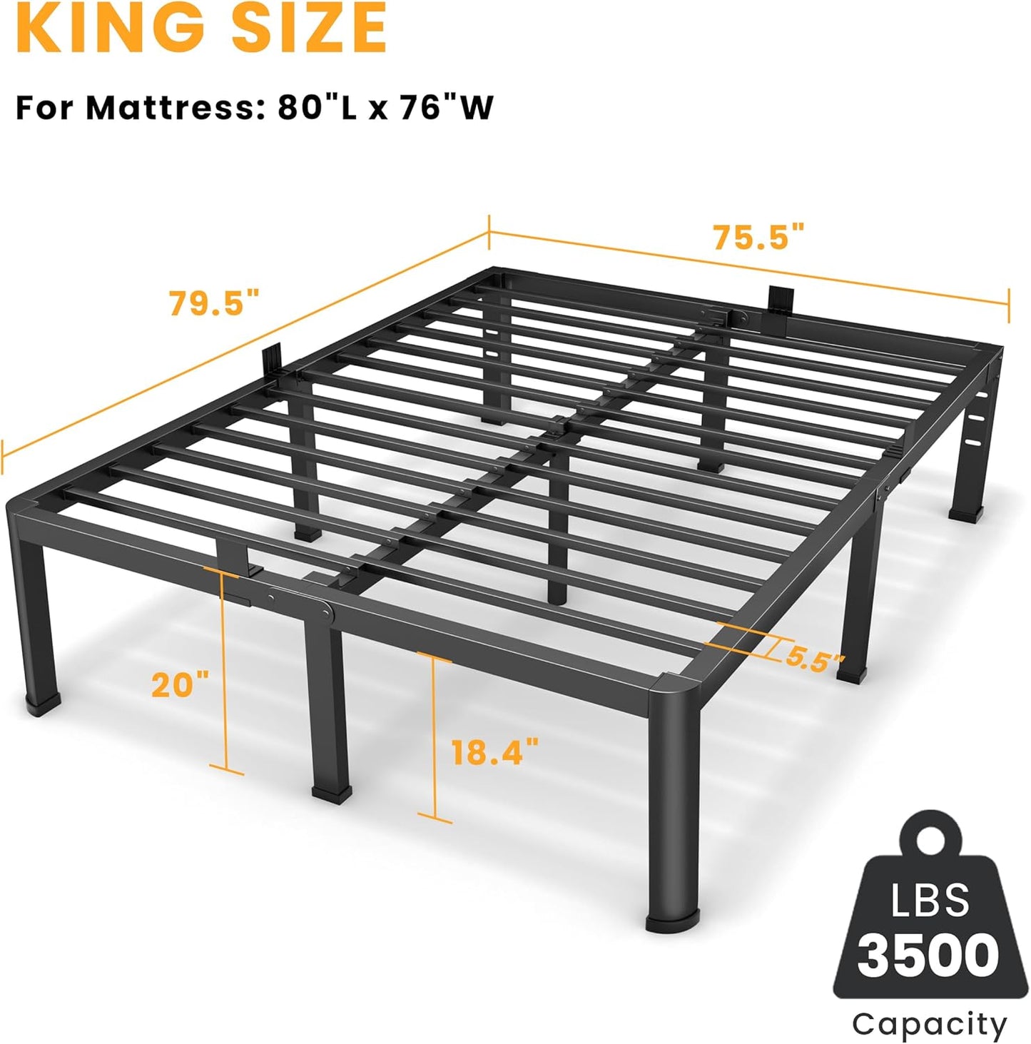 20 Inch King Size Metal Platform Bed Frame with Round Corners, Storage Space Under High Bed Frame-Heavy Duty Steel Slats Support, Noise Free - Easy Assembly - No Box Spring Needed