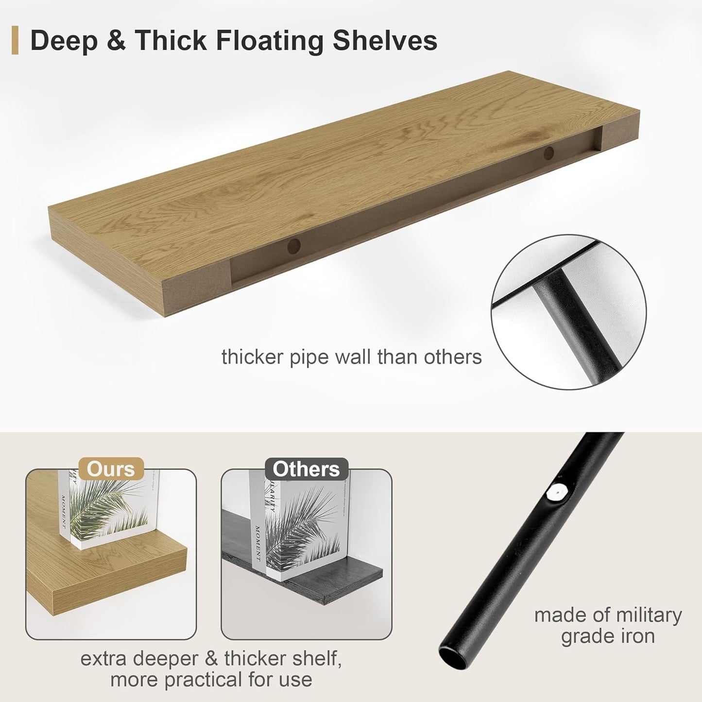 Heimlove Bathroom 12'' Deep Floating Shelves for Wall - Shelf Over Toilet Wall Mounted Farmhouse 24 inches,Rustic Wood Wall Shelves Decor & Storage Set of 1 Oak