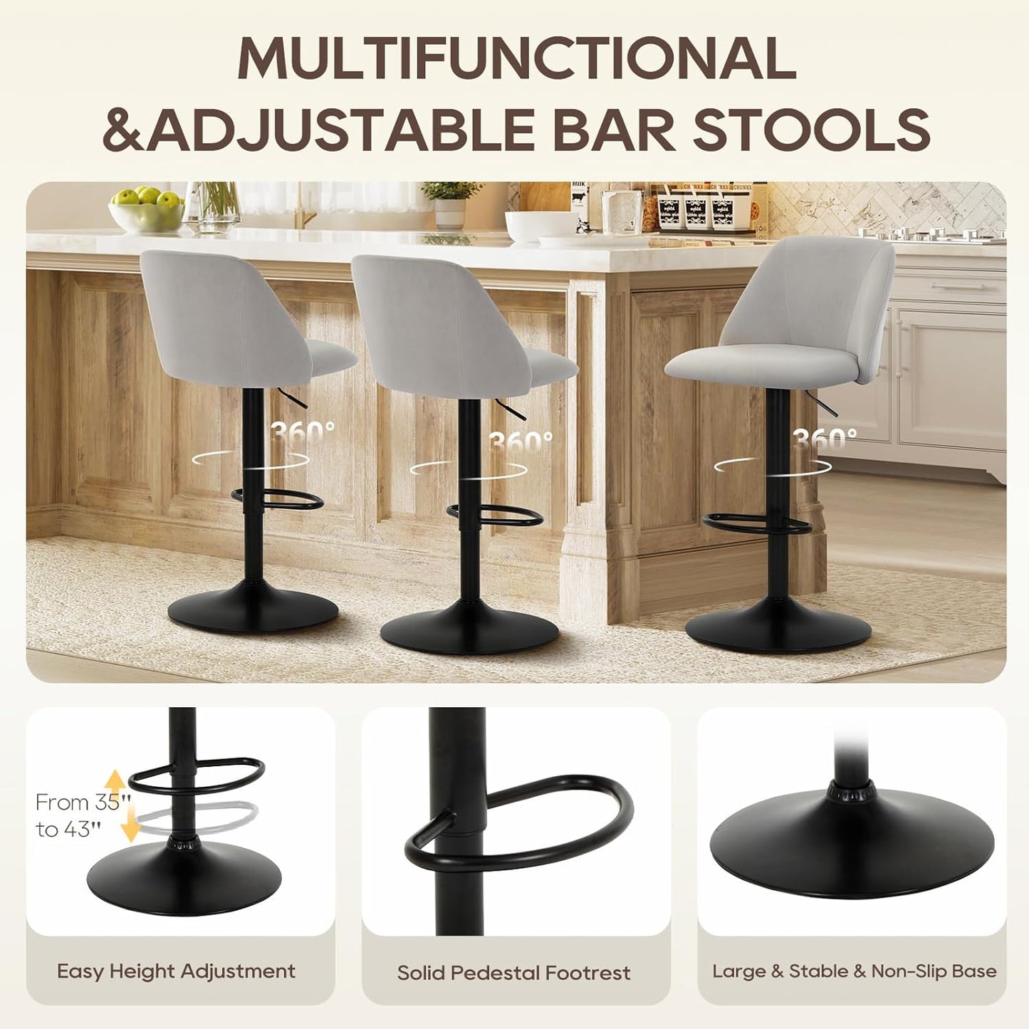 COLAMY Bar Stools Set of 4, Modern Swivel Bar Chairs, Adjustable Upholstered Barstools Counter Height with Full Backrest for Bar, Dining Room, Kitchen Island, Grey