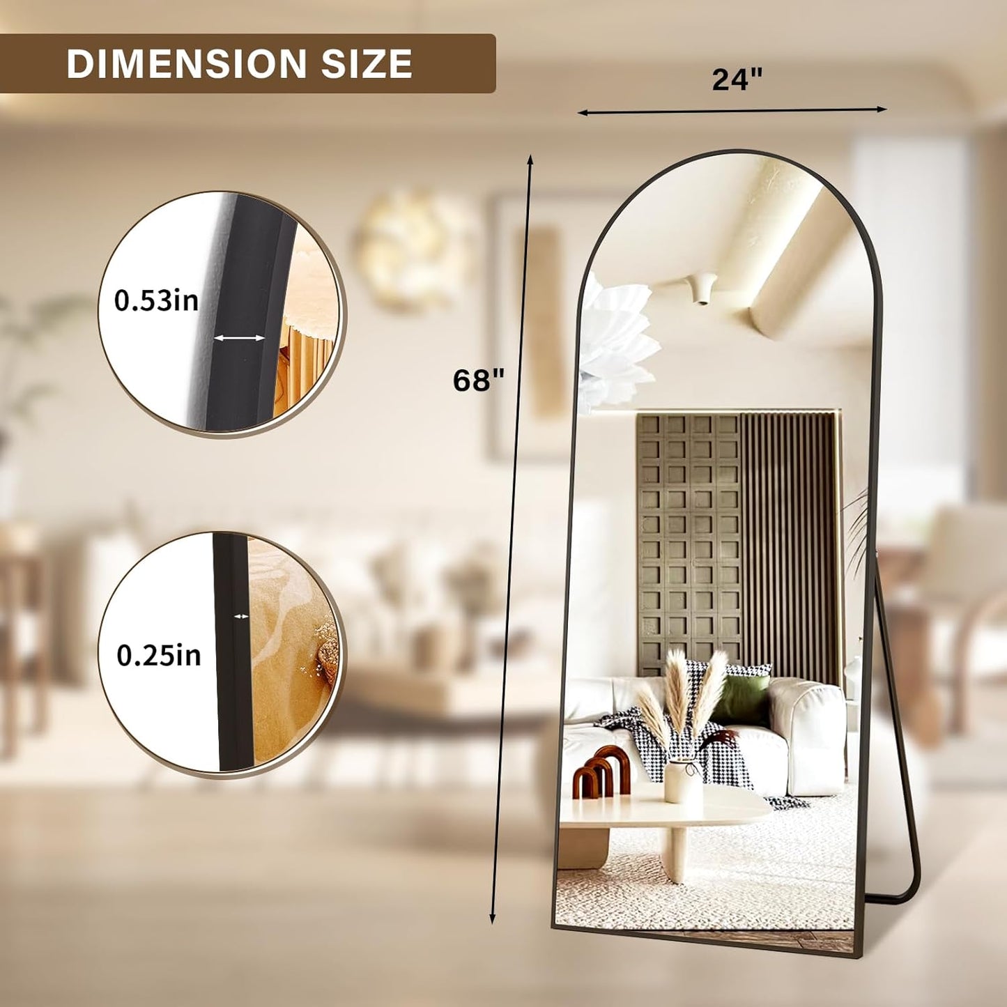 24x68 Arched Full Length Mirror Floor Mirrors with Aluminum Alloy Frame Free-Standing Wall Mounted Floor Mirrors or Large Dressing Mirror, Black Mirror Full Length