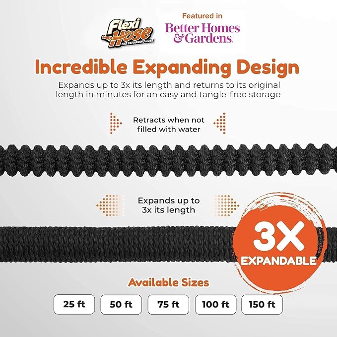 Flexi Hose Plus Expandable Garden Hose with 8 Function Nozzle, 75FT - Lightweight Retractable Garden Hose, Water Hose - No-Kink Flexibility, 3/4 Inch Solid Brass Fittings Includes Hook & Bag