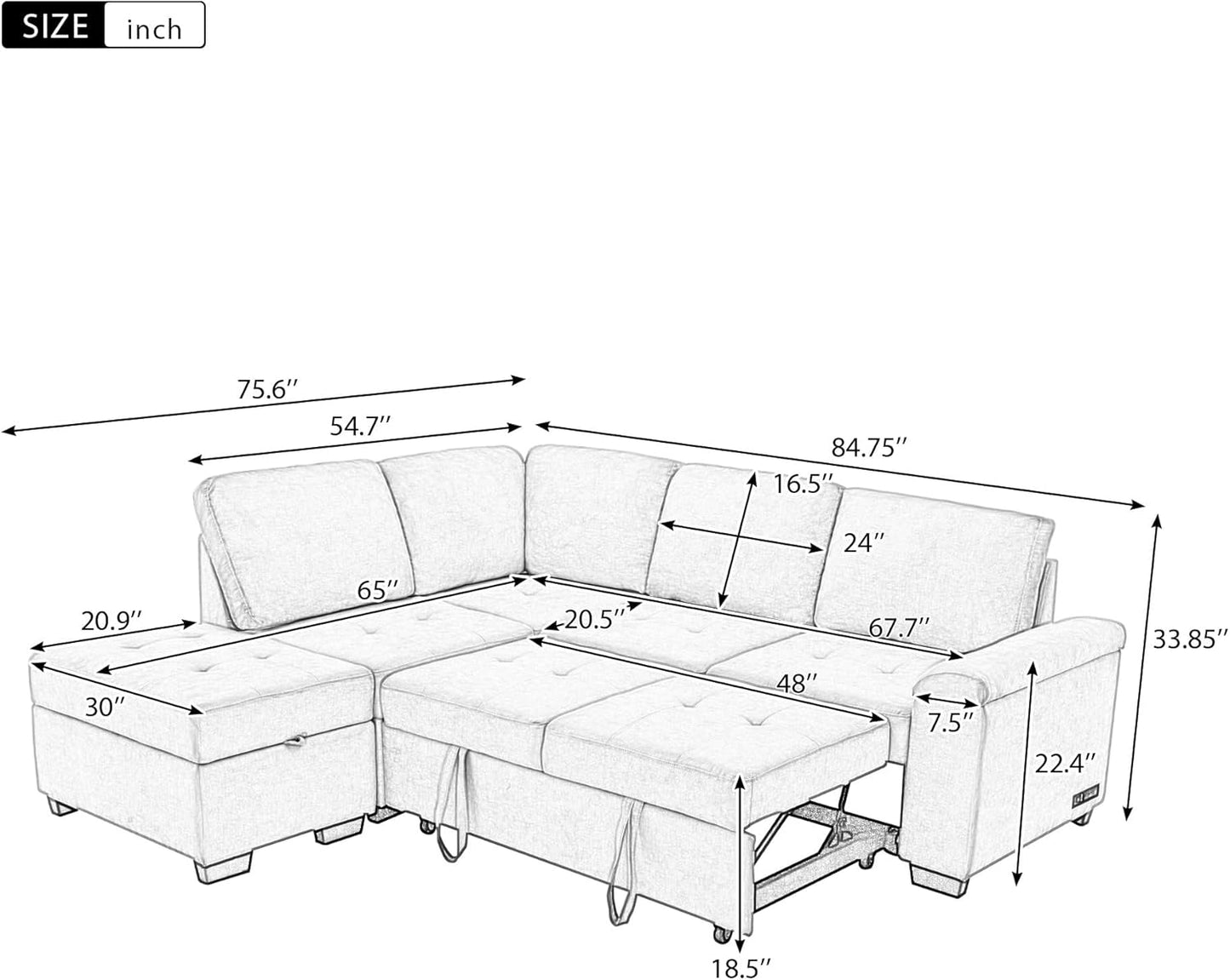 Ball & Cast Sleeper Sofa Bed L Shaped Couch with Storage Otooman and Cup Holder,L-Shaped Sectional Couch w/Hidden Arm Storage & USB Charge,4-Seater Sectional Sofa for Living Room,Apartment,Black