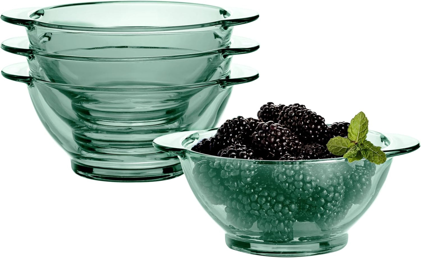 STP GOODS Glass Soup and Salad Bowl with Handles, Cobalt Transparent Glass Eating Plates, Circular Dinnerware for Salad, Bread, Dinner (Green 4 pcs)