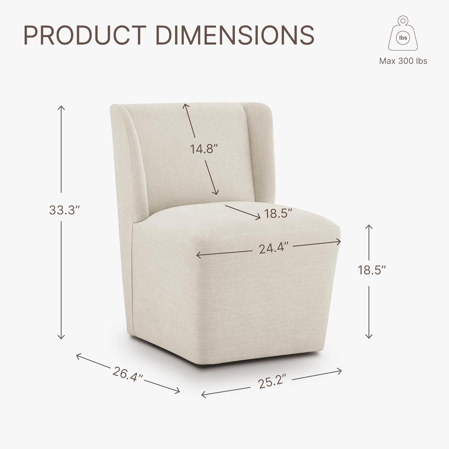 Upholstered Dining Chair with Casters Wingback Modern Side Armless Deskchair with Rollers for Diningroom Bedroom Livingroom Reading Room,Cream Beige,2 Box