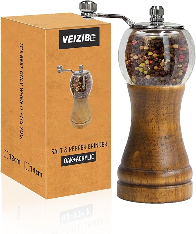 Salt and Pepper Grinder Set Manual Pepper Mill Set Classical Hand Shake Wooden Pepper Grinder Salt Mills Ceramic Blades Metal Handle, Enjoy Fresh Ground spices (Antique 1pcs-6in)