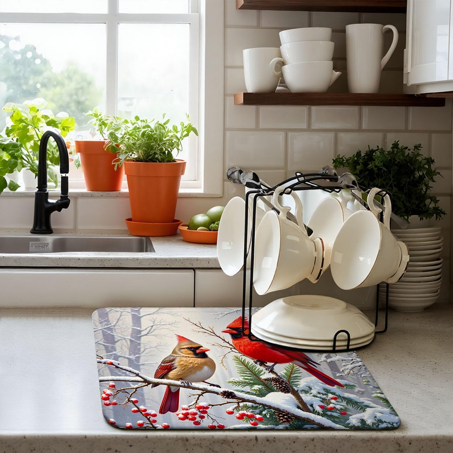 Christmas Drying Mat for Kitchen Counter 16" X 18" Christmas Dish Drying Mat for Kitchen Decor Birds Xmas Drying Mats For Home Counter Drying Mats For Dishes Dish Mat Drying Mat