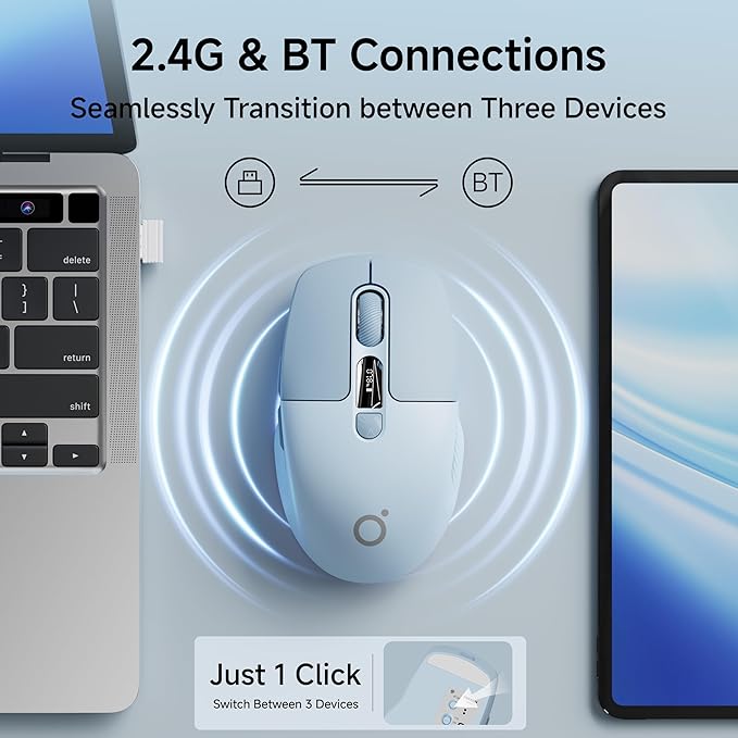 EWEADN Q1 Wireless Mouse, BT & 2.4G Silent Mouse Quiet Click with 1600 DPI Levels, Battery & DPI LED Screen Display, 6 Button Small Portable Bluetooth Mouse for Laptop/PC/Mac-Blue