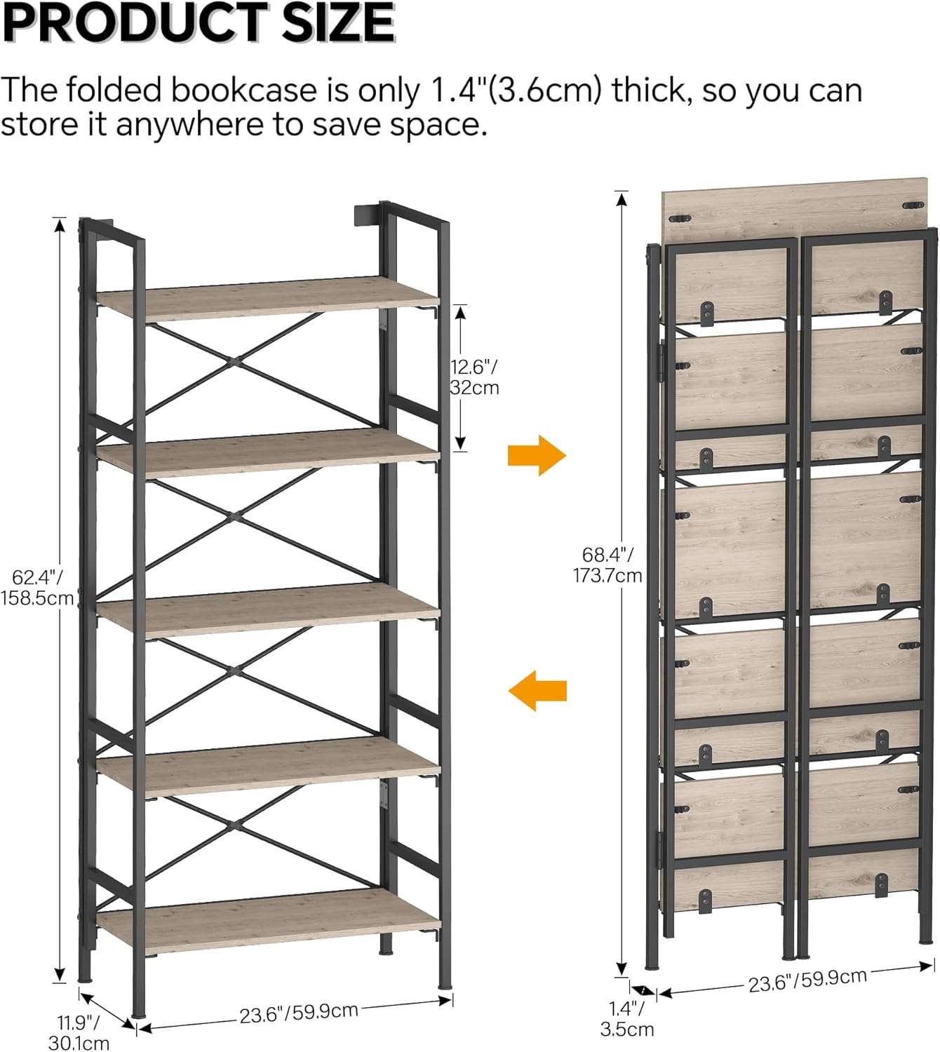 Folding Bookshelf,5 Tier Bookcase Foldable Shelf with X-Bracket Design, Adjustable Feet, Space Saving Storage for Living Room, Office