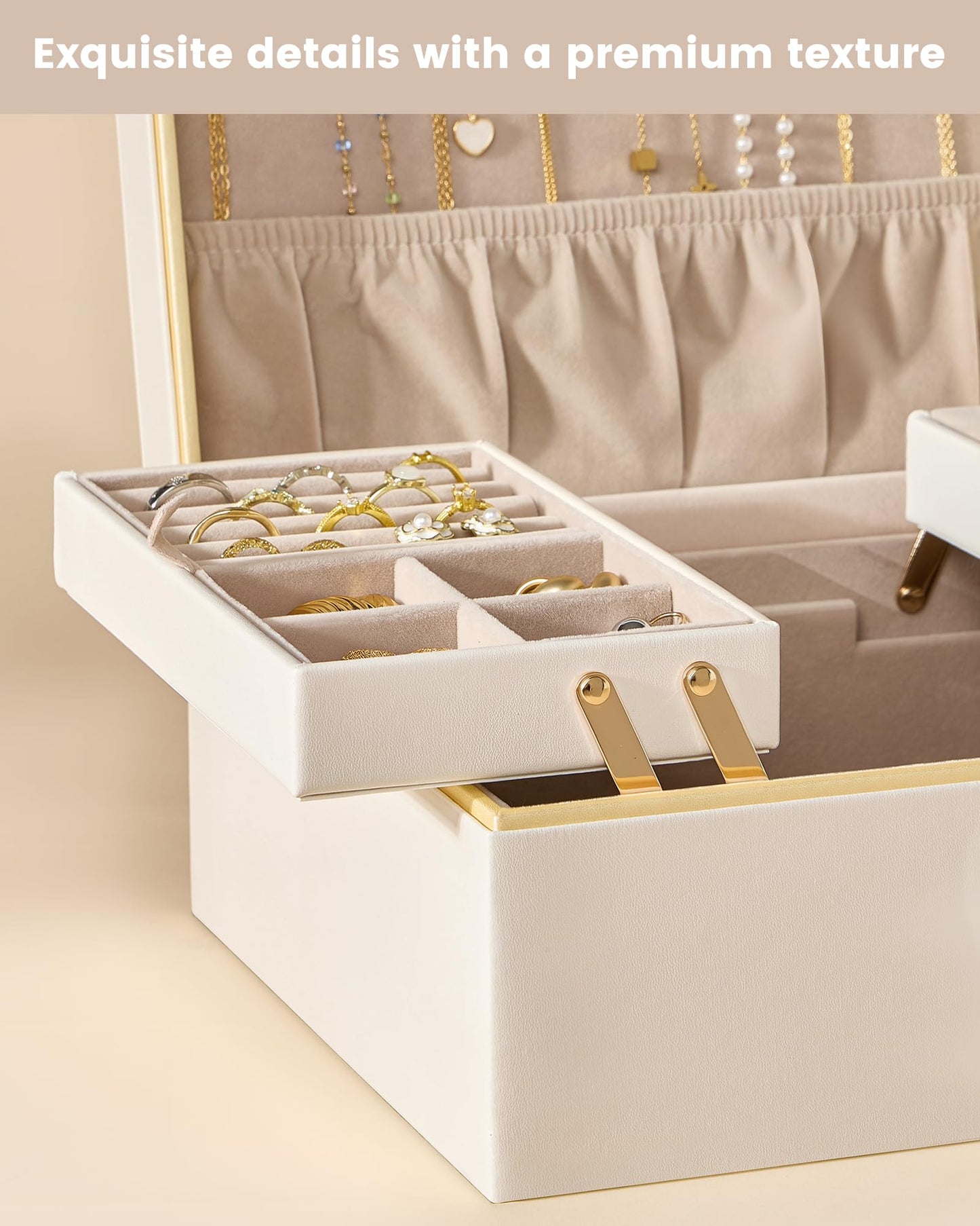 Lolalet Jewelry Box Organizer for Women Girls, 2 Layer Jewelry Organizers and Storage for Necklace Earrings Rings Bracelets, Large Jewellery Holder Case Birthday Gifts -Cream