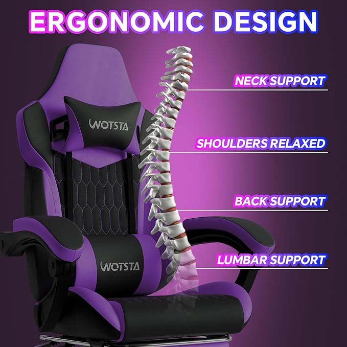 Gaming Chair with Footrest, High Back Gaming Chairs PVC Leather Ergonomic Gamer Chair with Adjustable Headrest Lumbar Support Racing Style Video Gaming Chair for Office/Home (Purple)