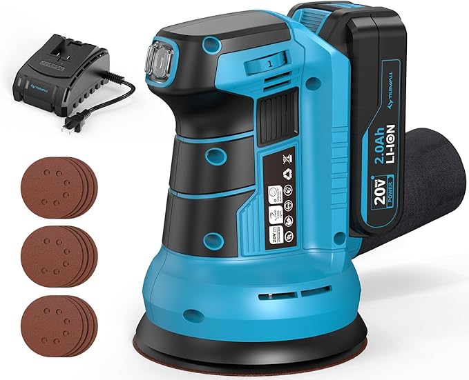 Tilswall 20V Cordless Orbital Sander, 5" Electric Palm Hand Sander Tool with Vacuum Dust Collector, Random Orbit Power Sander for Woodworking, Furniture, Deck Sanding (Battery and Charger Included)