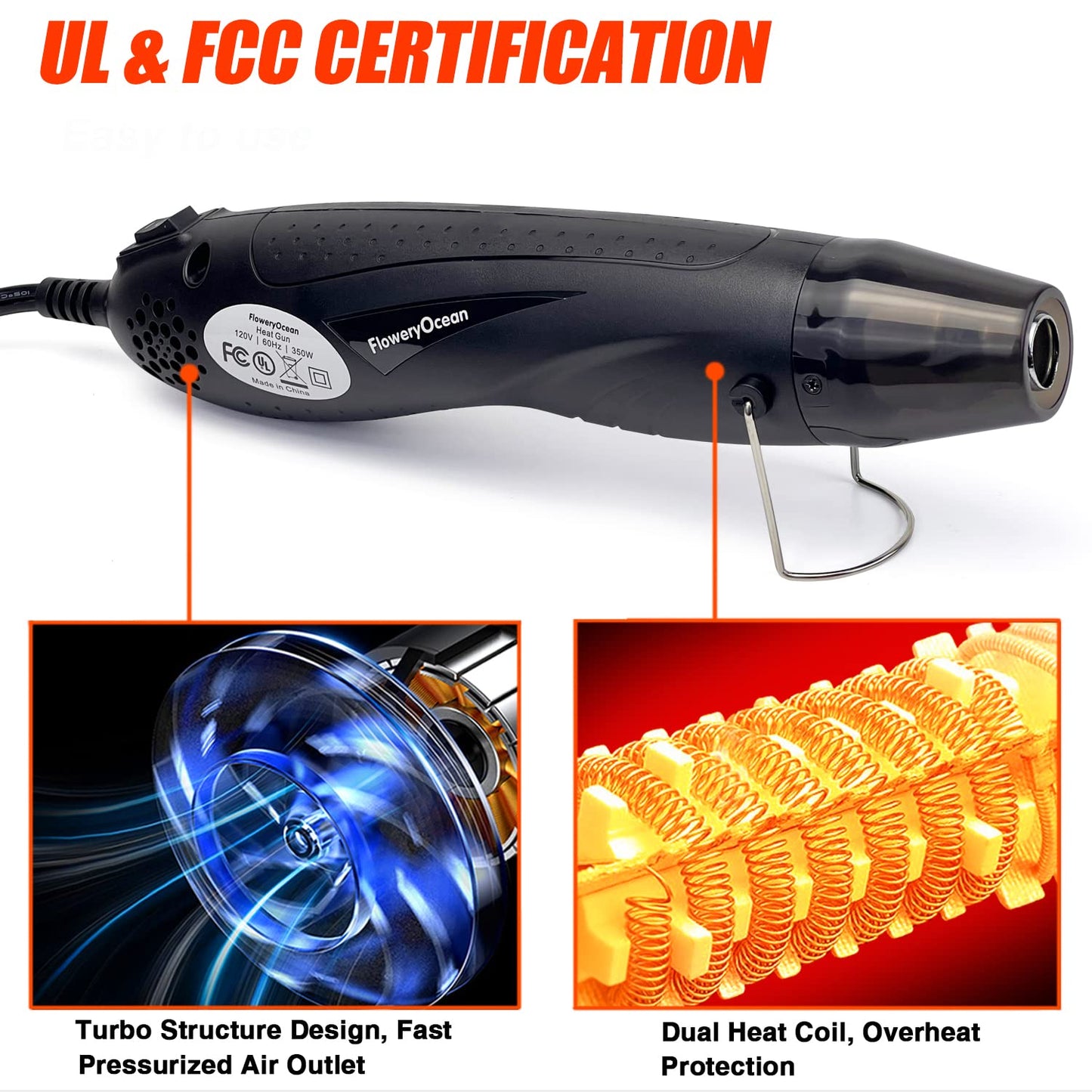 FloweryOcean Mini Heat Gun + Reflector Nozzles Kit 350W Fast Heat Hot Air Gun Overload Protection 2 Temp Setting 392°F-662°F & 6.6Ft Long Cable for Craft Shrink WrappingTubing Stripping Paint