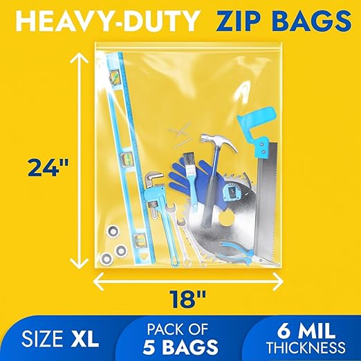 18" x 24" Extra Large Zip Seal Lock Bags, 6 Mil (Pack of 5) – Heavy-Duty Reclosable Plastic Bags – Clear, Resealable, Waterproof – For Storing and Organizing Clothes, Jewelry, and Travel