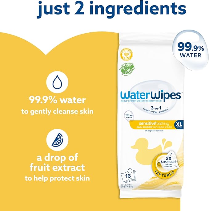 WaterWipes Bundle, Original 300 Count (5 packs) & XL Bathing Wipes 16 Count (1 pack), Plastic-Free, 99.9% Water Based Wipes, Unscented, Hypoallergenic for Sensitive Skin, Packaging May Vary